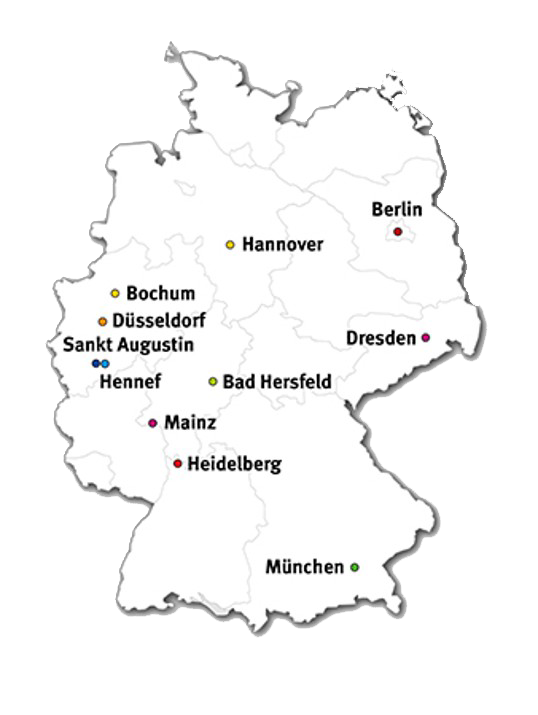 Eine Standortkarte, auf der die Standorte der DGUV zu sehen sind. Diese sind: Berlin, Sankt Augustin, Dresden, Bad Hersfeld, Hennef an der Sieg, Hannover, Heidelberg, Düsseldorf, München