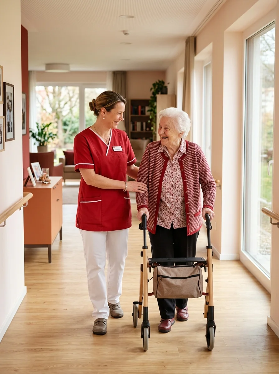 Pflegekraft unterstützt eine lächelnde Seniorin im Pflegeheim