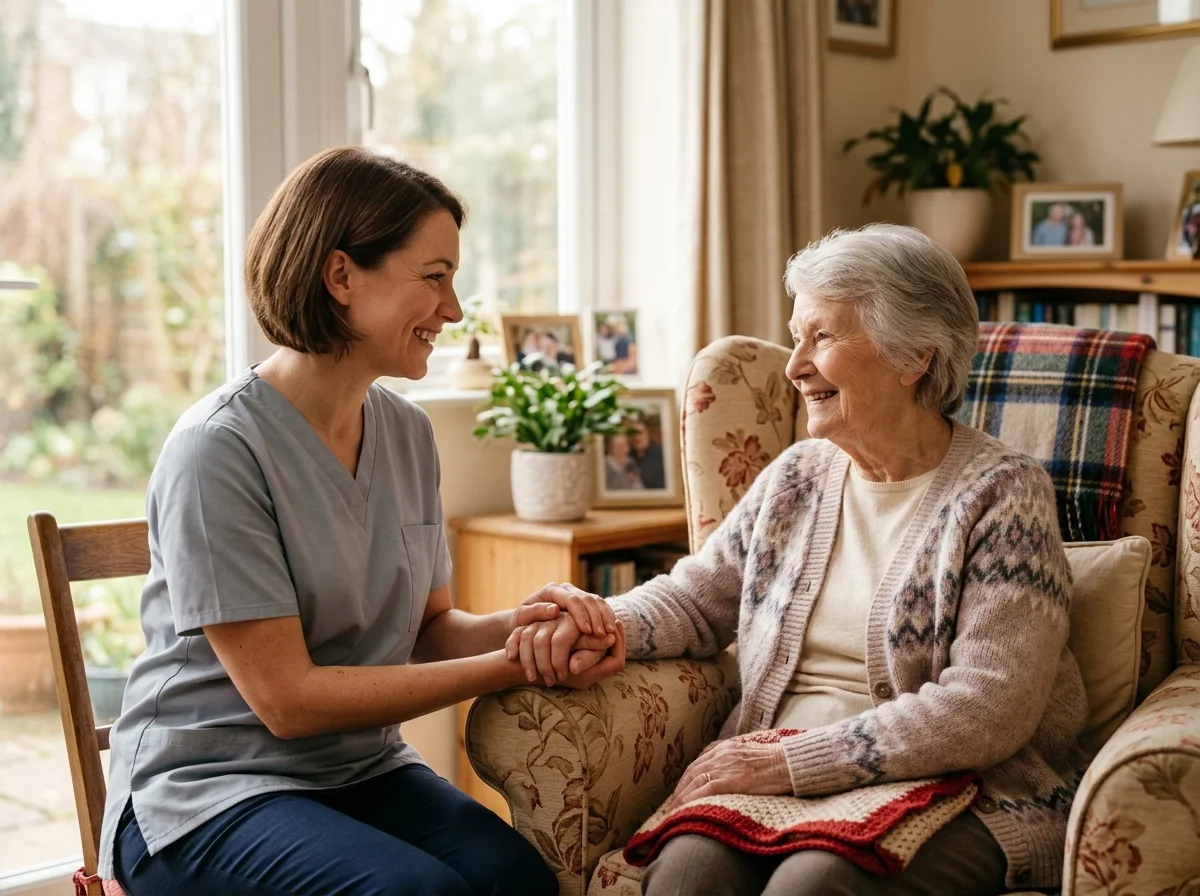 Pflegehelferin begleitet eine ältere Dame zu Hause