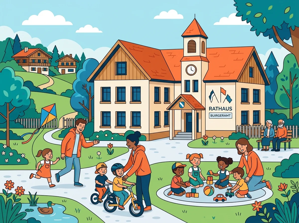 Illustration der Gemeinde Lappersdorf mit Rathaus und Menschen