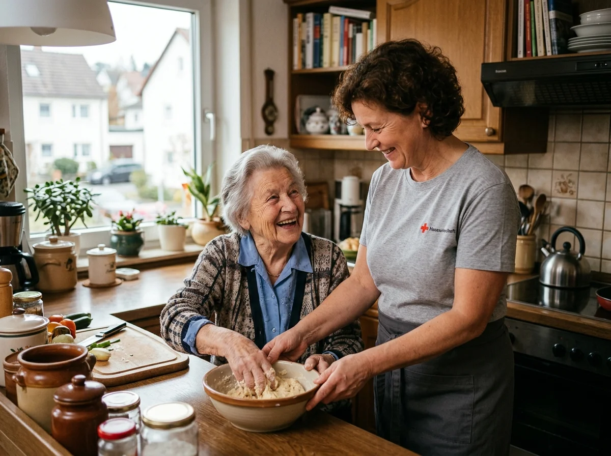 eine Hauswirtschaftshilfe mit BRK-Logo bei einer Seniorin
