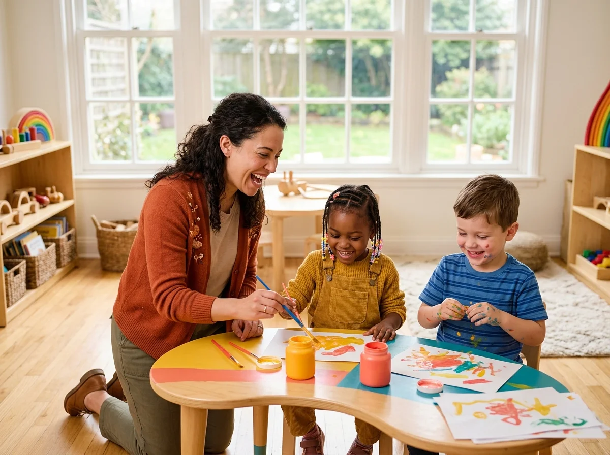 Erzieherin lacht mit zwei Kindern beim Malen in einem hellen Kindergartenraum