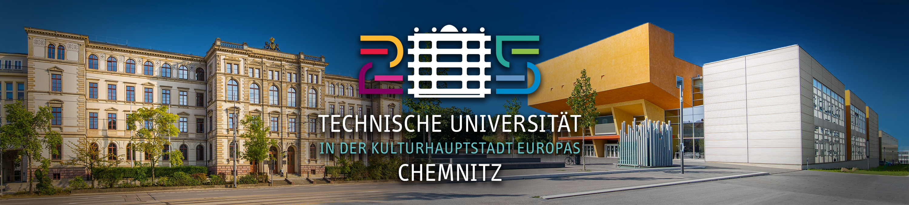 Banner welcher Gebäude der TU Chemnitz zeigt sowie das Kulturhauptstadt 2025 Logo