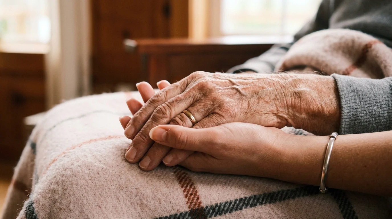 Hände einer älteren Person, die behutsam von jüngeren Händen gehalten werden