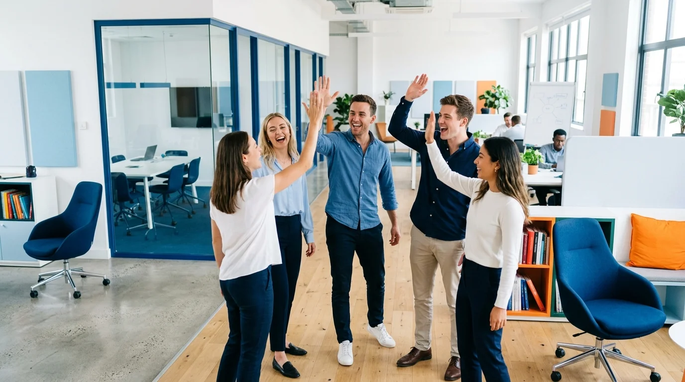 Motiviertes junges Team feiert gemeinsam im Büro