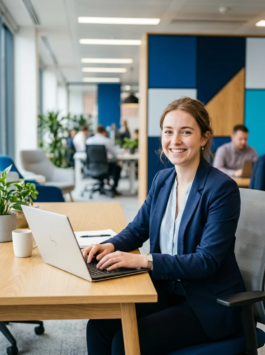 Junge Auszubildende arbeitet motiviert am Laptop