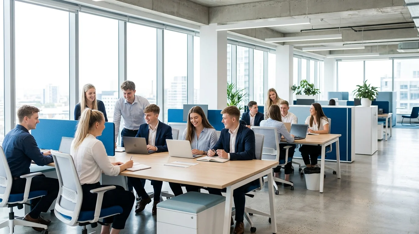 Junge Auszubildende arbeiten gemeinsam in einem hellen, modernen Büro
