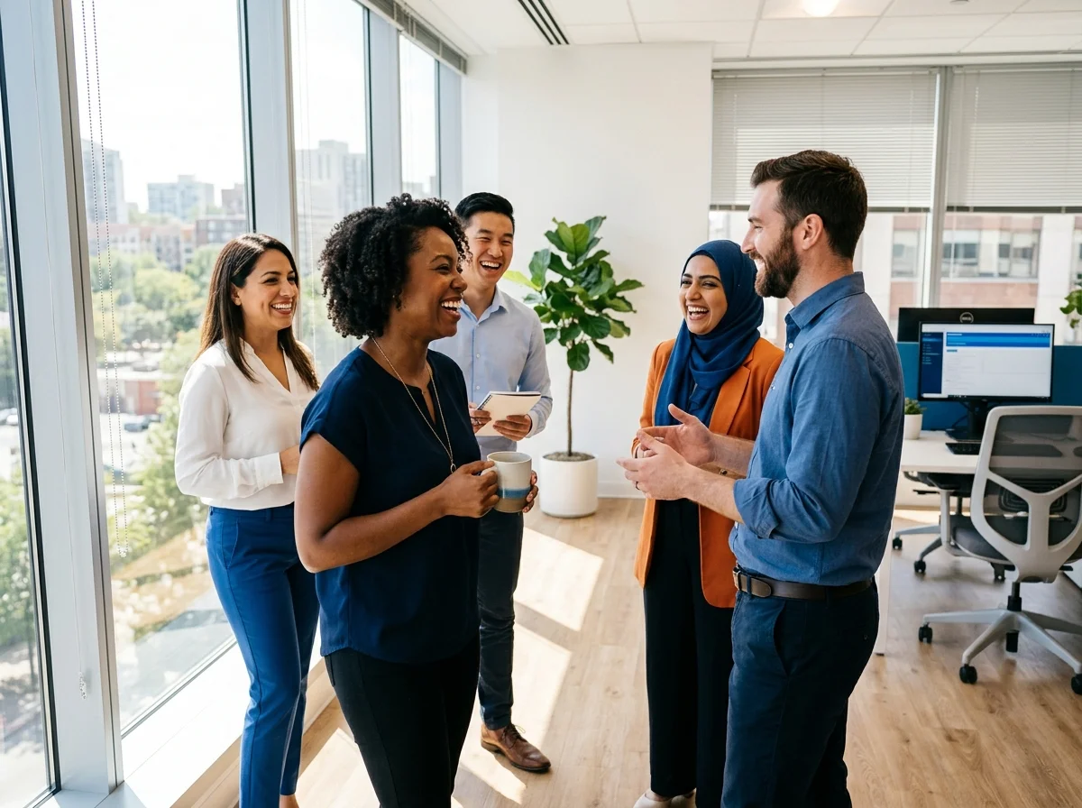 Freundliches Team der Unfallkasse in lockerer Büroatmosphäre