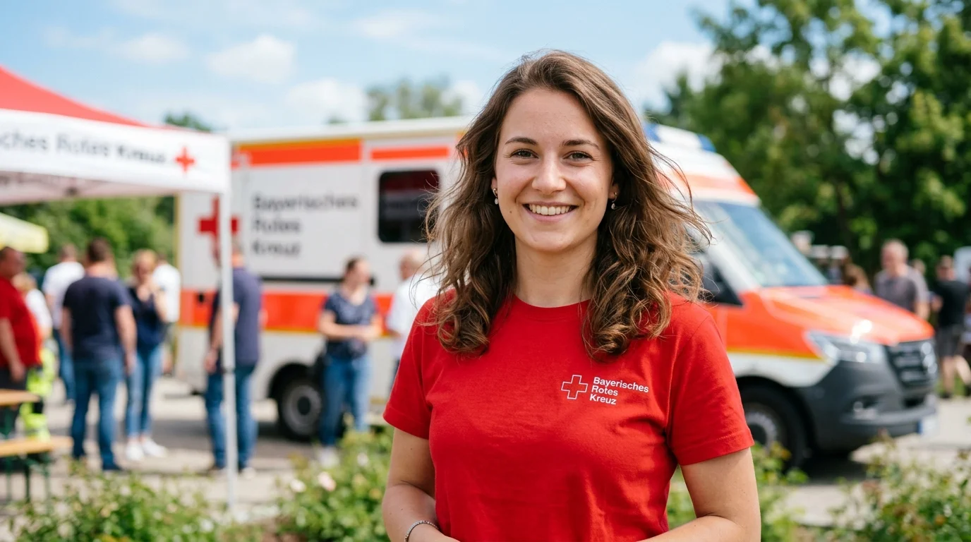 eine junge Frau in einem T-Shirt mit BRK-Logo