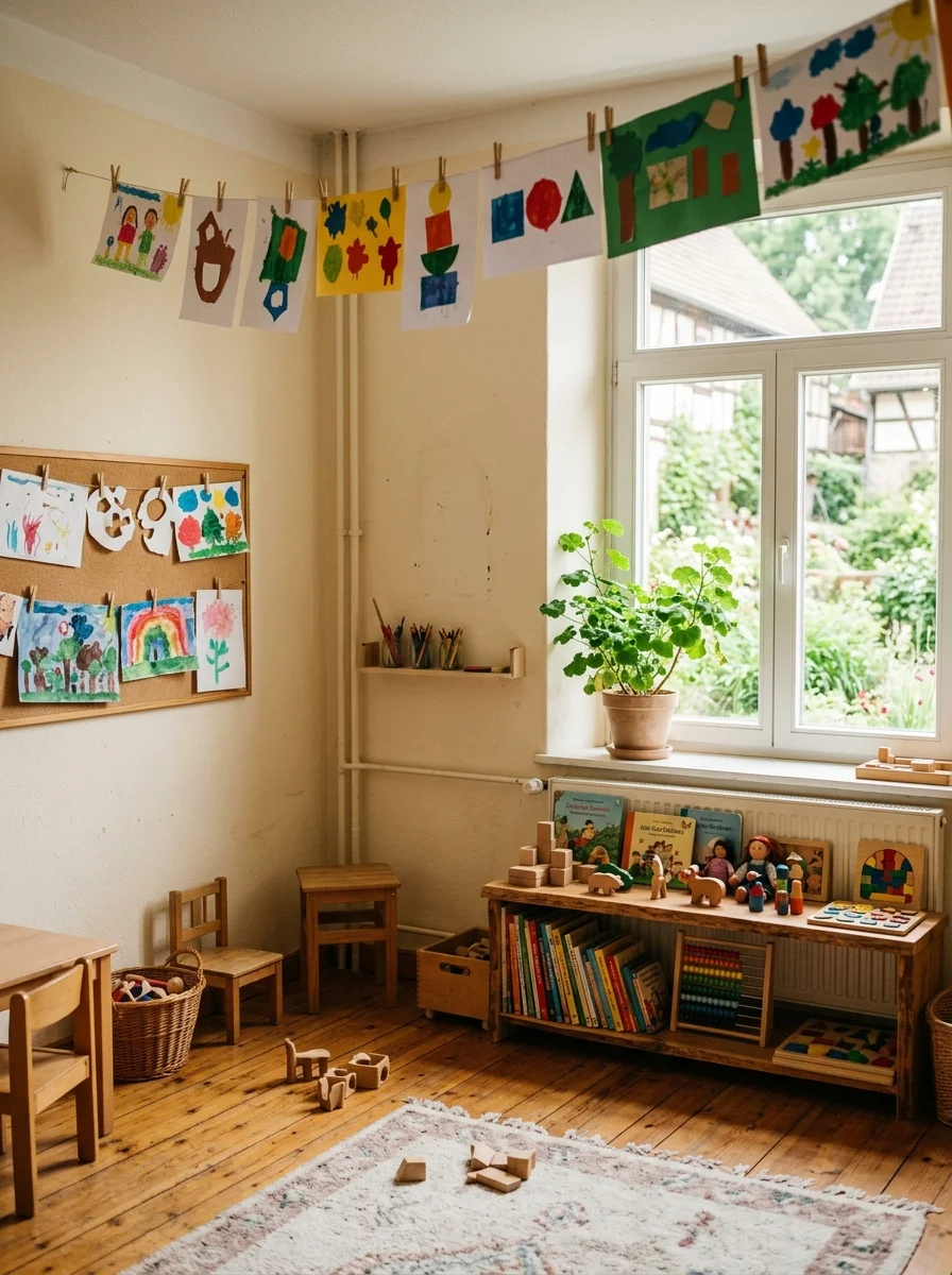 Heller, gemütlicher Raum in der Kindertagesstätte mit Holzboden und kindgerechter Einrichtung