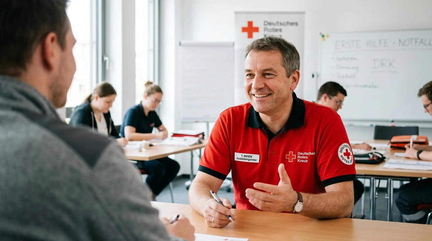 Rotkreuz-Ausbilder in Dienstkleidung mit DRK-Kompaktlogo