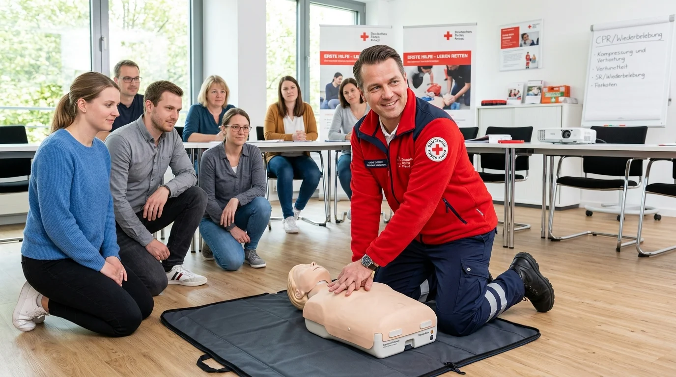 DRK-Ausbilder in einer Erste-Hilfe-Schulungssituation