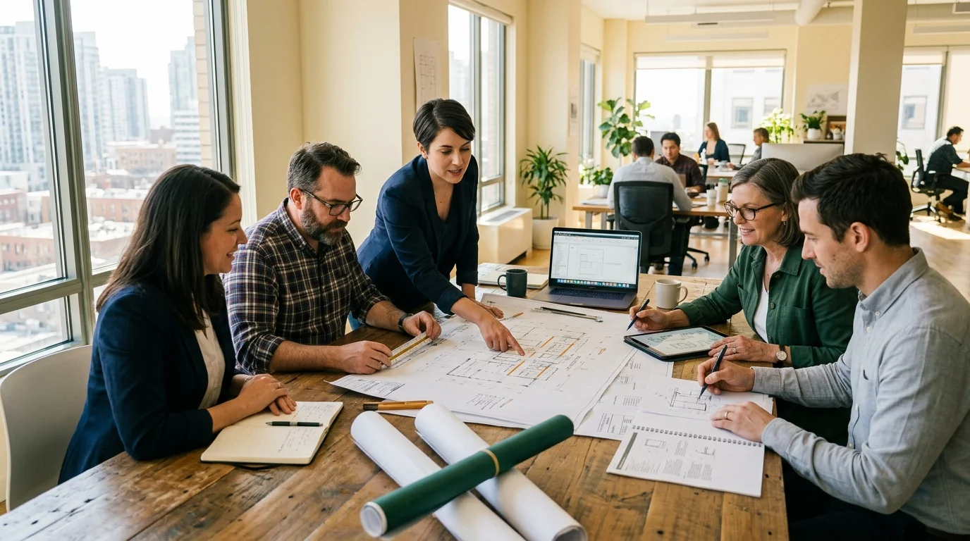 Team der Verwaltung bei der Planung von Baumaßnahmen