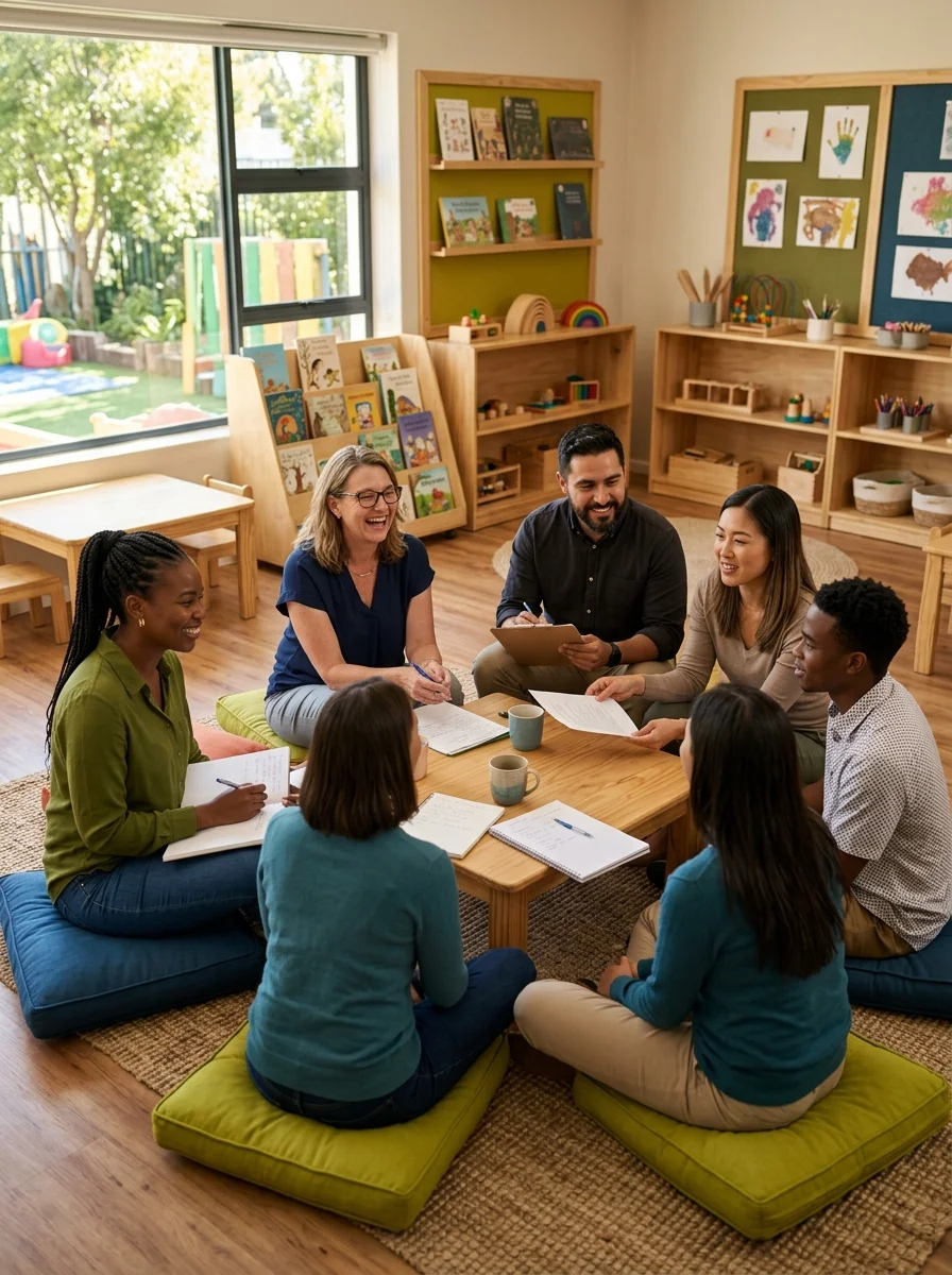 Team von Erzieherinnen und Erziehern bei einer Teambesprechung