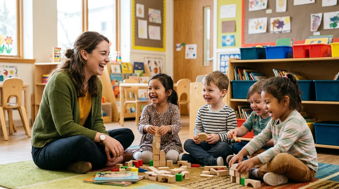 Junge Erzieherin spielt fröhlich mit Kindern in einer hellen Kita