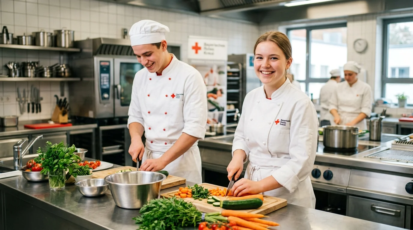 Auszubildende in einer BRK-Zentralküche beim Kochen