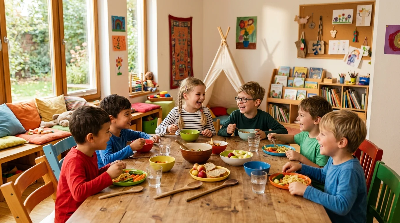 Kinder in der Mittagsbetreuung beim gemeinsamen Essen und Spielen