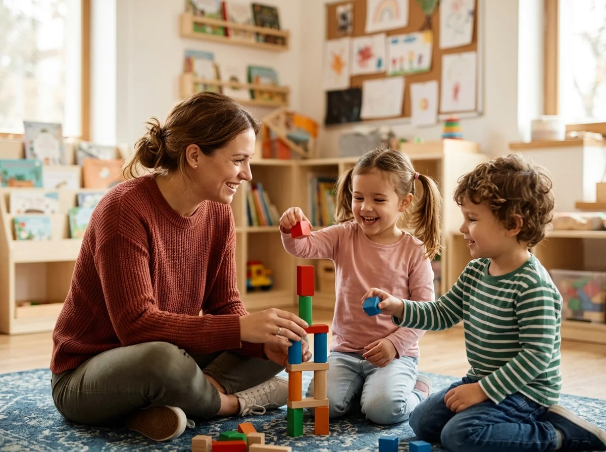 Fröhlicher Kita-Alltag: Erzieherin spielt mit Kindern in der Villa Kunterbunt