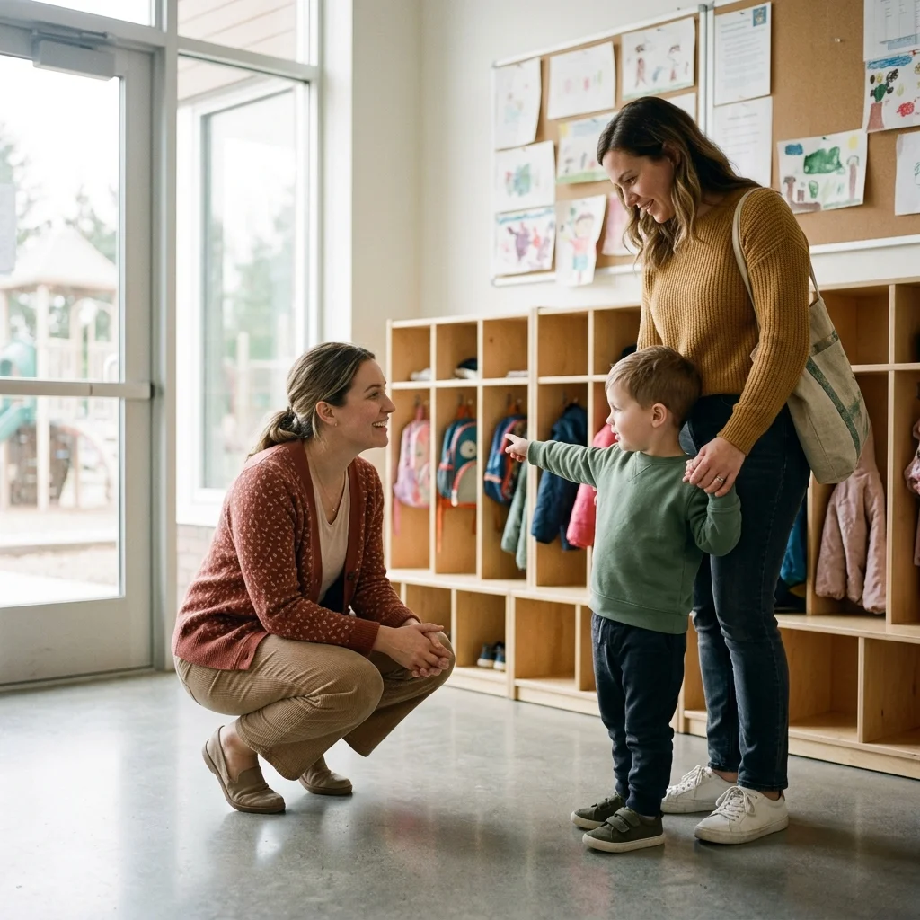 Erzieherin im persönlichen Gespräch mit Eltern und Kind