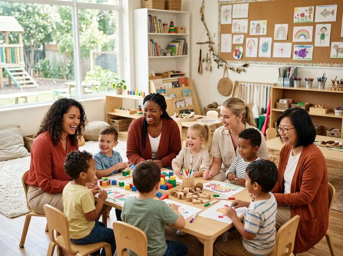 Professionelles Team der Villa Kunterbunt lächelt gemeinsam mit Kindern